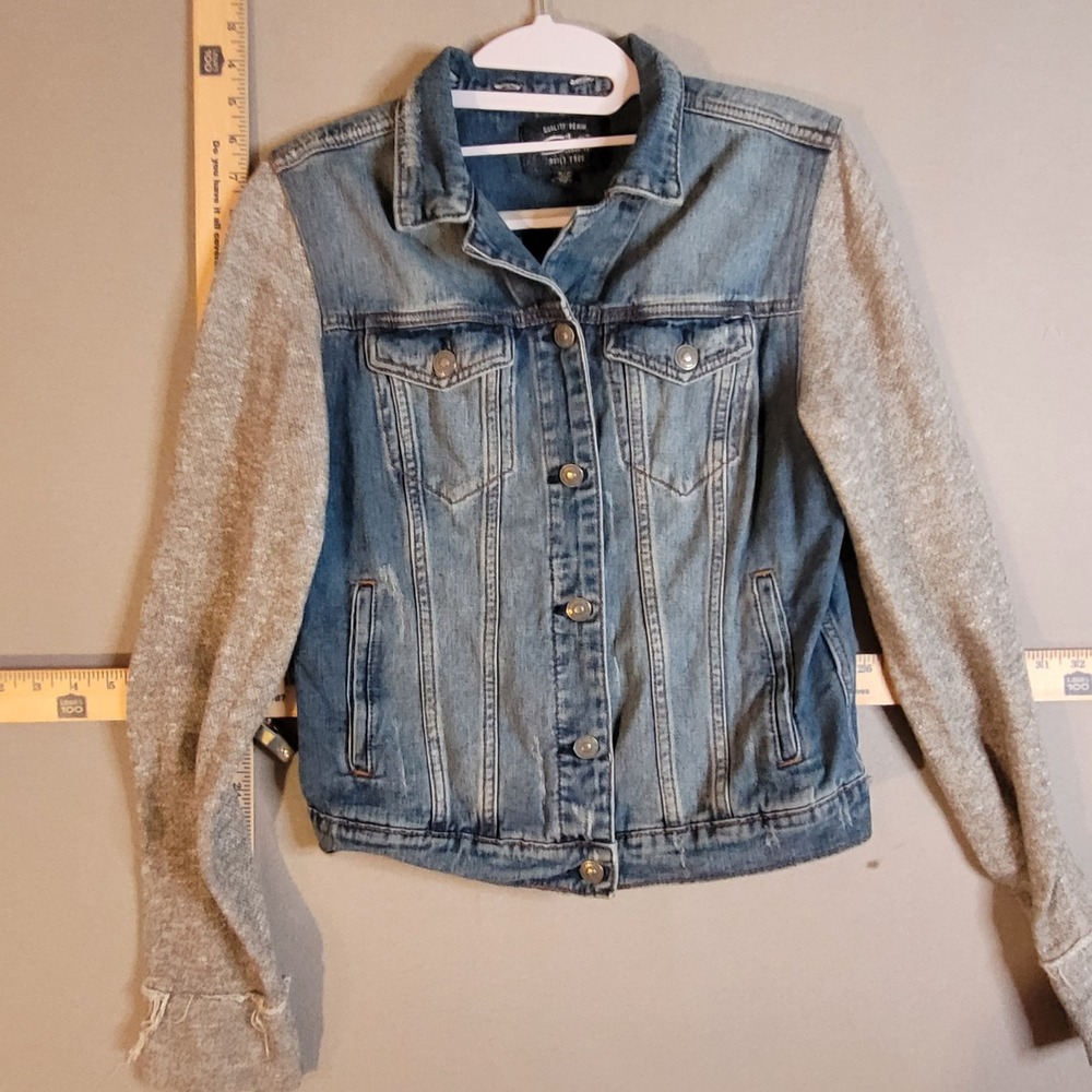 Silver Jeans Womens Mixed Media Denim Jacket Distressed Knit Sleeve Blue Small